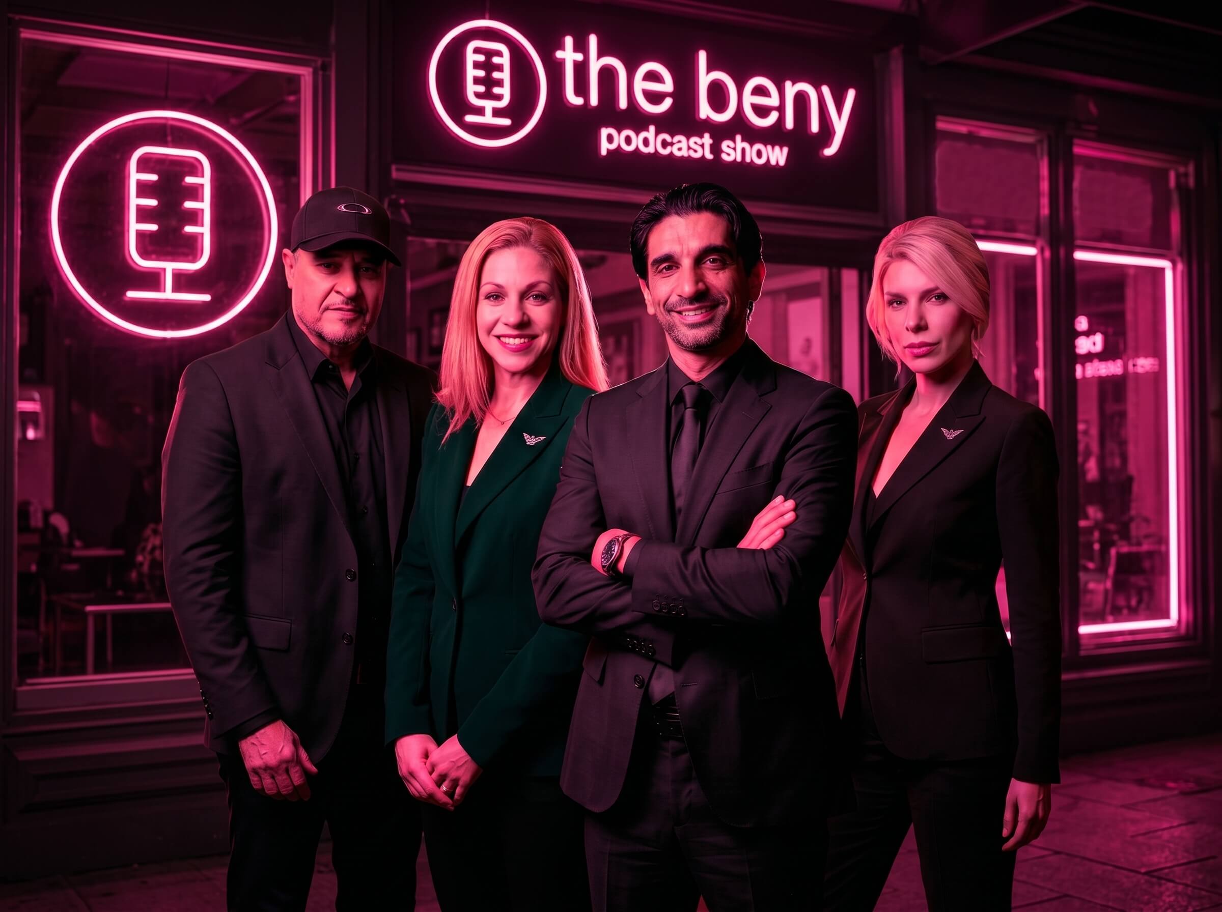 The Beny Podcast Show team — Beny and crew in front of the studio's neon sign